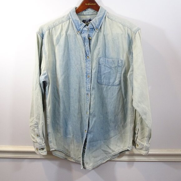 EDDIE BAUER VTG 90s Y2K DENIM JEAN COTTON BUTTON DOWN CASUAL SHIRT WOMENs SZ M - Picture 1 of 6